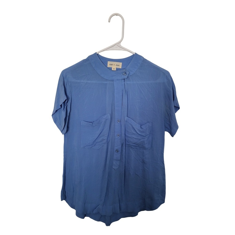 Cloth & Stone Blouse Womens XS Blue Mandarin Collar Short Sleeve Rayon Pockets